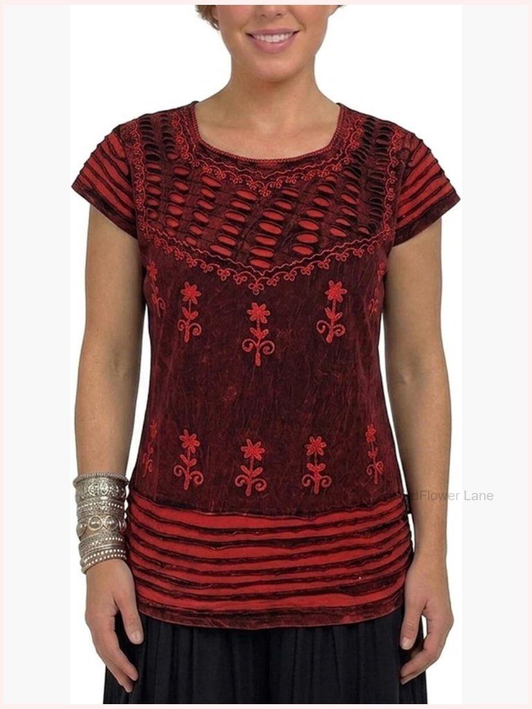 Boho Cap Sleeve Embroidered Blouse Womens Lightweight Knit Top